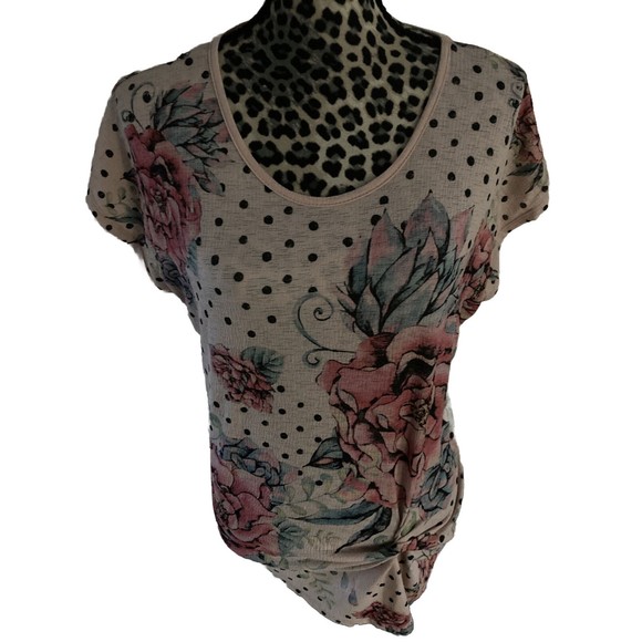Cocos Clozet Blouse Women L Pink Floral Poka Dot Short Sleeve Round Neck - Picture 1 of 5